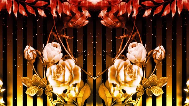 Elegant white roses and gold foliage with glowing particles on black.