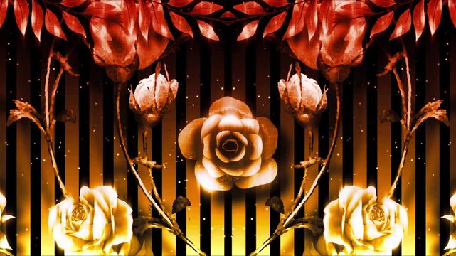 Golden white roses bloom against a dramatic black and gold backdrop.