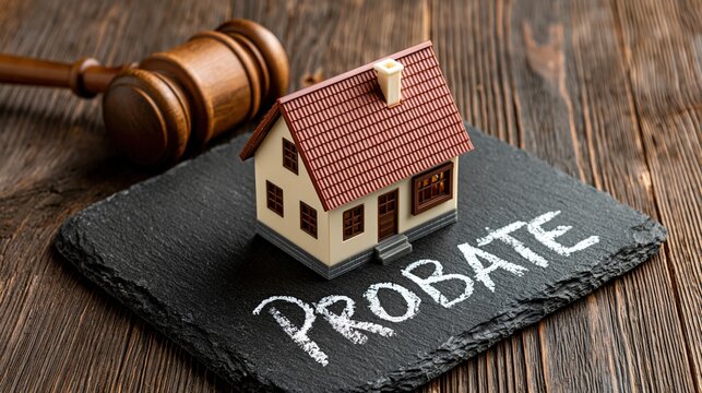 Gavel rests near miniature house and word probate on dark surface.