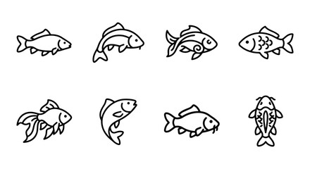 Vector Fish Icons Set, Aquatic Life Illustrations, Koi Carp and Goldfish Line Art Collection © md