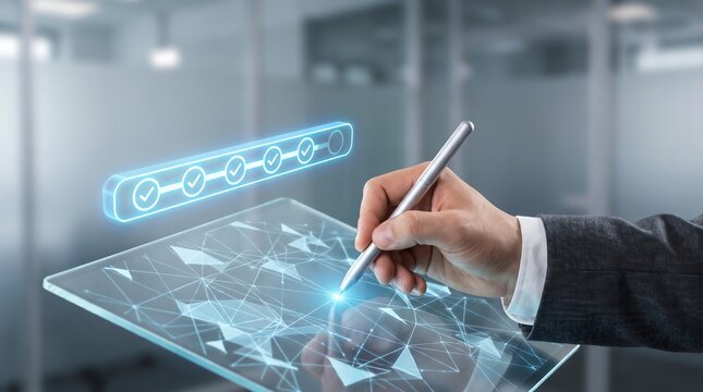 Businessman using stylus on futuristic digital screen with process checklist hologram