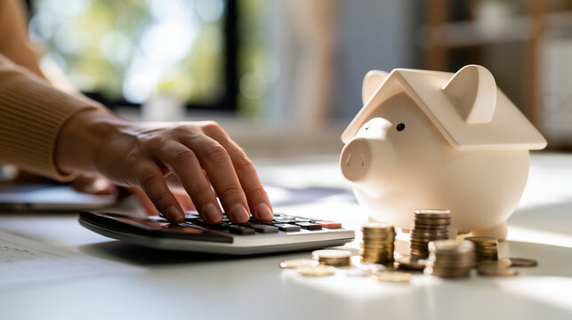 Close-up of a hand using a calculator next to a house-shaped piggy bank and coins, home savings and financial planning concept, bright clean desk, natural daylight, copy space on t