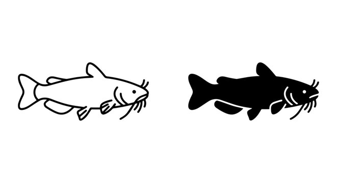 Catfish Vector Icons, Outline and Silhouette, Aquatic Life, Freshwater Fish, Seafood Illustration