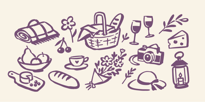 Picnic Accessories Naive Art Set Illustration