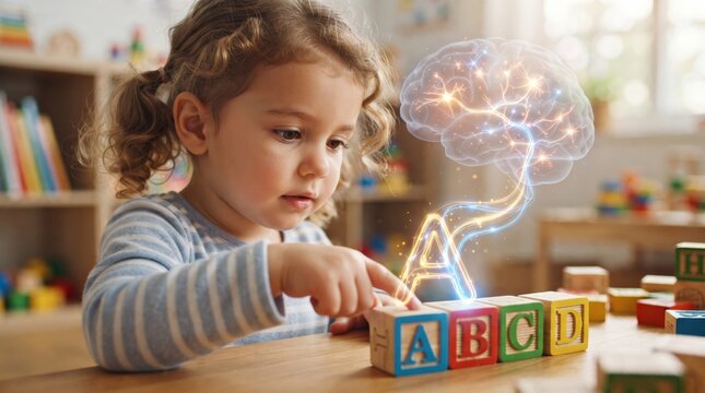 Little girl playing with alphabet block. Child learning letters with holographic brain overlay. Early childhood brain development and education concept. Futuristic cognitive skills study.
