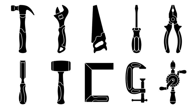  Workshop tools and carpentry equipment icon set with hammer wrench hand saw screwdriver pliers chisel mallet try square clamp and hand drill black vector illustration