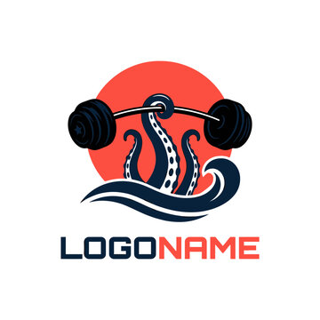 Octopus lifting barbell mascot logo for powerlifting.
