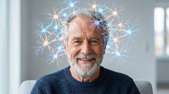 Senior man smiling with glowing neural network visualization above head. Conceptual representation of brain activity, cognition, and mental health. Neuroscience and healthcare technology.
