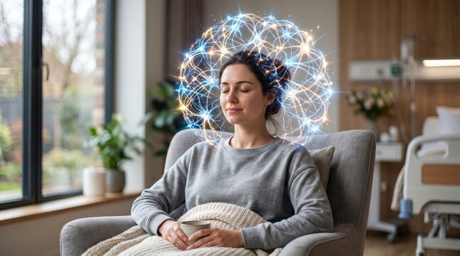 Woman meditating in hospital ward with glowing neural network brain visualization. Mental health recovery, stress relief and mindfulness concept. Digital healthcare and neuroscience technology.