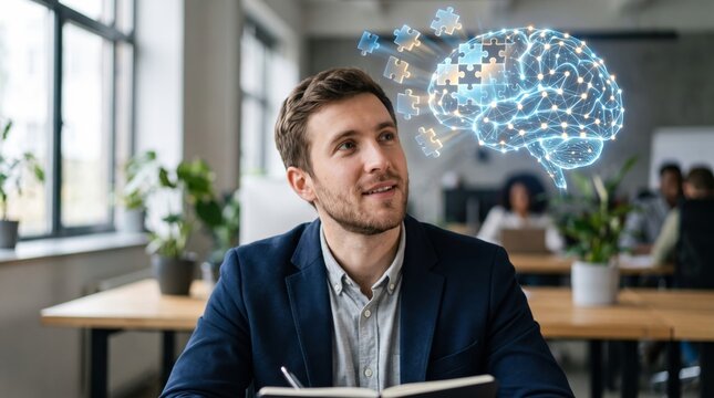 Man looking at a glowing brain made of puzzle pieces. Intellectual development, creativity and mental health awareness concept. Digital data representation of human thinking process.