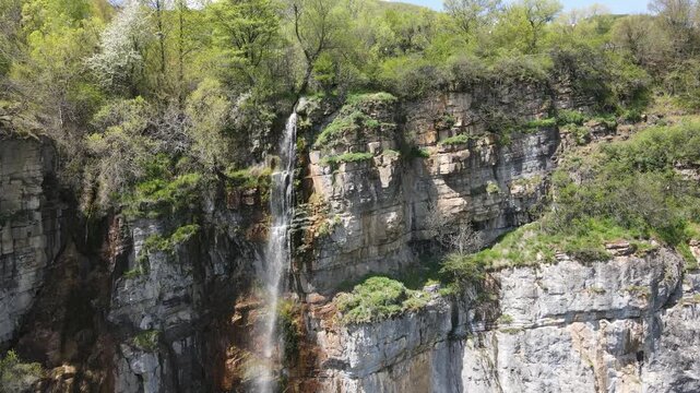 Aerial view of Skaklya Waterfall near village of Zasele, Balkan Mountains, Bulgaria
