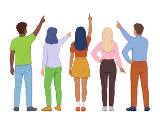Fototapeta premium Diverse Group of People Pointing in Different Directions Back View Flat Vector Illustration