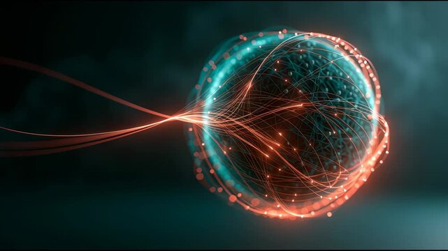 A round ai node glows while two beams of light converge towards it in a laboratory setting at night. The bright colors stand out in the dark.