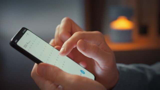 At home in evening, man sits comfortably, eyes on his smartphone as he taps the calendar app to set reminders. The close-up of his hands highlights the personal device's role in organizing his tasks