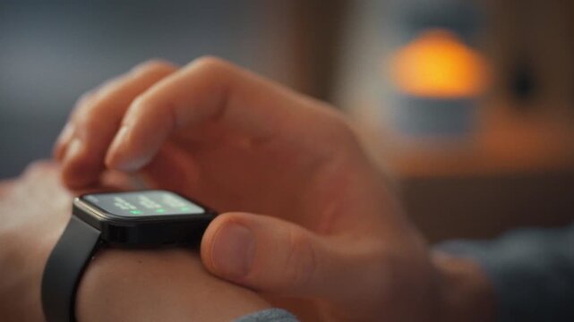 At home, man analyzes his sleep patterns on smartwatch, which tracked each stage of his nighttime rest. This cutting-edge technology enables efficient monitoring of sleep quality physical recovery