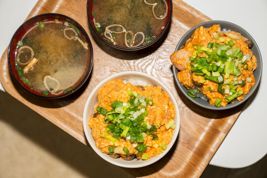 Homemade Rice Bowls With Soup and Green Onions