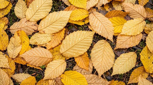 Vibrant elm leaves with water droplets on forest floor