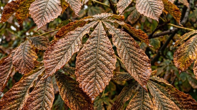 Horse chestnut leaves with water droplets, autumn