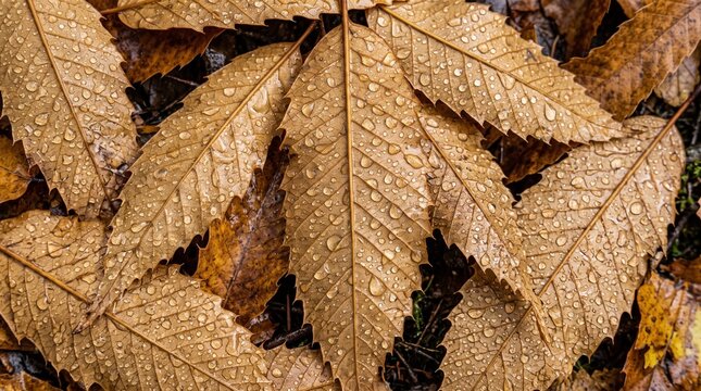 Dense chestnut leaves covered in water droplets
