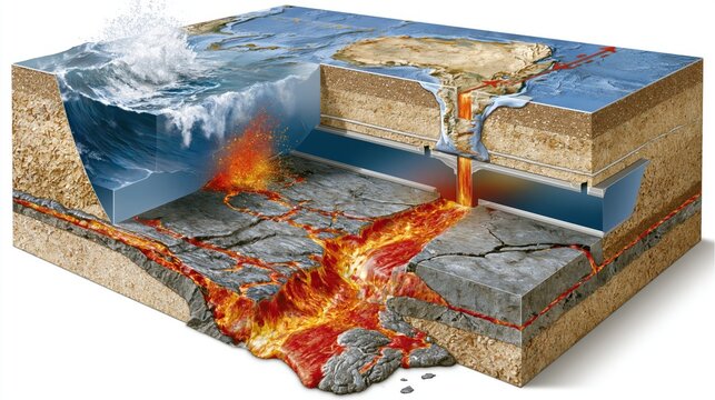 Subduction zone illustration reveals oceanic and continental crust interaction with magma.