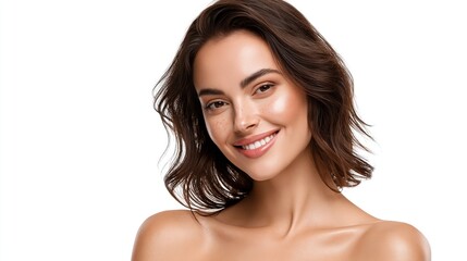 Fototapeta premium A womans face with a warm smile and radiant skin against a white background.