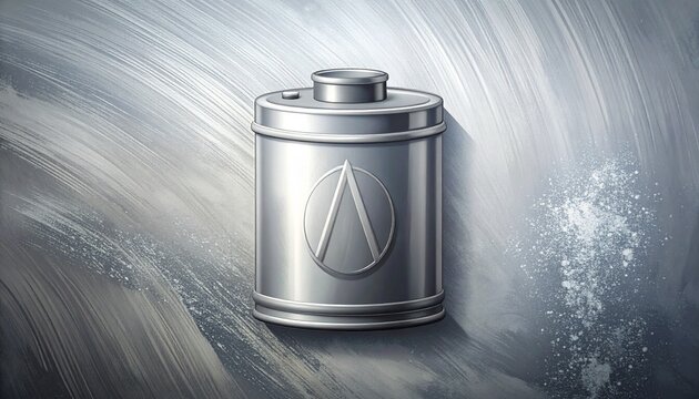 Metallic canister with atomic symbol on textured background.