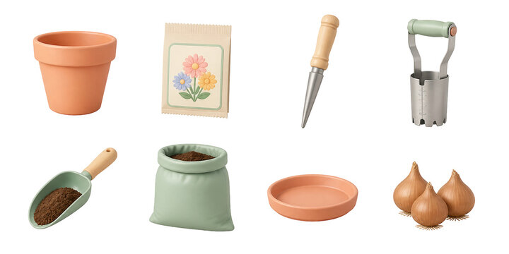 Gardening icons, flower pot, seed packet, trowel, gloves, soil bag, bulbs, and planter 3D icon set.