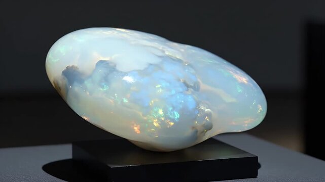 Exquisite Opal Gemstone Displayed on a Pedestal in a Dark Exhibition Setting