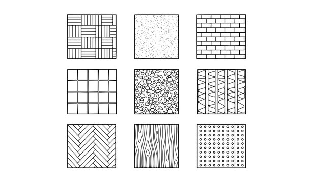 Architecture CAD hatch pattern swatches with floor tile wood and brick texture vector