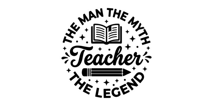 Silhouette of teacher with open book and stars, educational symbol