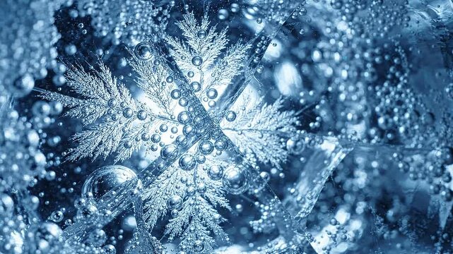 Bubbles rising in clear ice with intricate frost patterns illuminated by light, showcasing the dynamic interaction of air and water in a close-up view