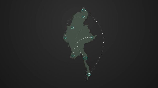 Myanmar Map Showing Communication Signal Transfer Between Locations