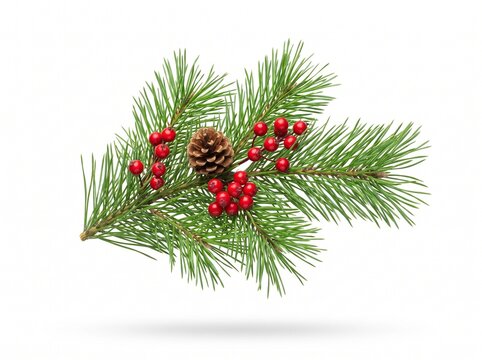  Pine branch with pinecone isolated on white background, clean studio shot for holiday decor and design use.
