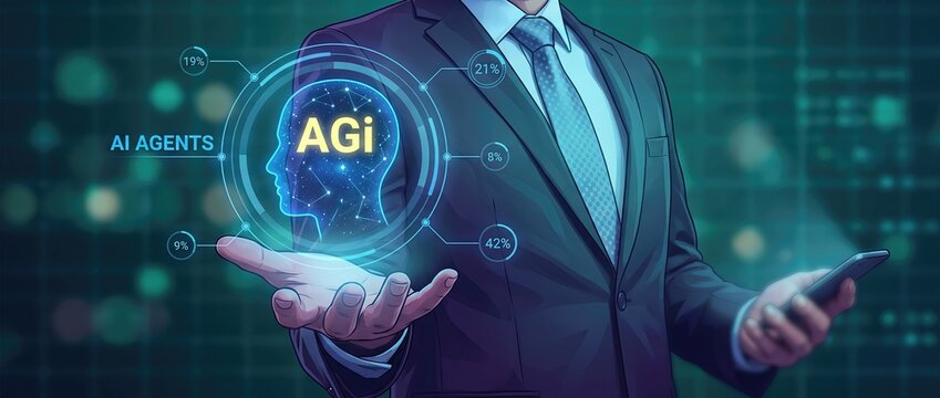 Businessman presenting artificial intelligence concept with digital brain and agi agents in a modern business environment showcasing technology and innovation