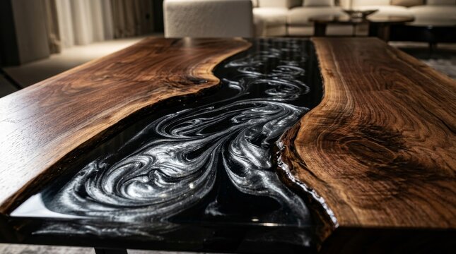 Beautiful river style resin table featuring a distinctive wood grain and an artistic design that enhances any living space