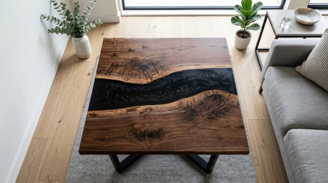 Contemporary wooden coffee table featuring sleek black epoxy resin in a modern living room environment