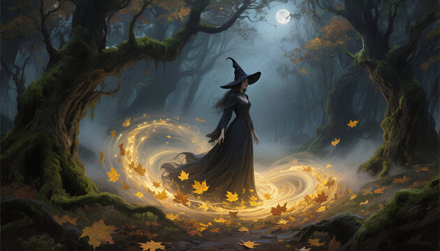 Witch casting spells in a mystical forest with swirling autumn leaves  