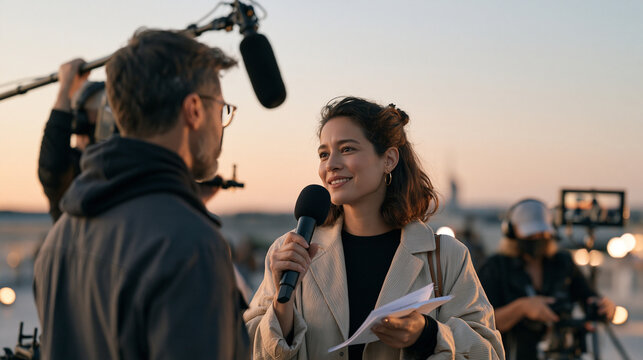 A broadcast journalist and a documentary crew work at twilight in a blue-hour exterior setting as the interviewer holds a microphone toward a subject while a boom operator adjusts