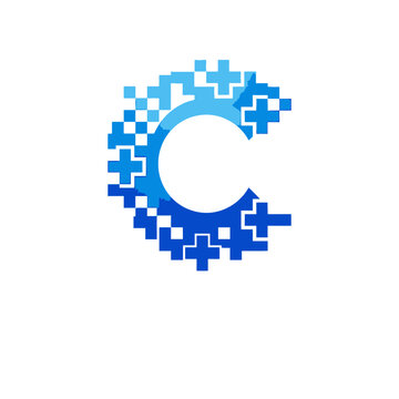 Blue pixelated letter C logo with plus signs.