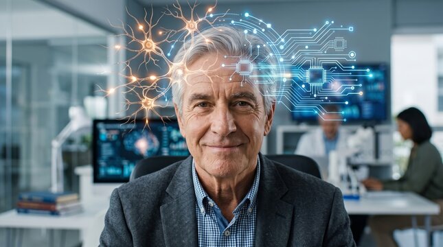 Mature man with digital brain hologram overlay representing human intelligence and artificial intelligence integration. Futuristic science concept, neural network technology and future medicine.