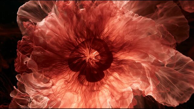 An ink drop enters water and expands slowly while caught in light creating detailed patterns and textures in the fluid.