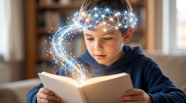 Boy reading magic book with glowing digital light and network connections rising from pages. Concept of intellectual development, imagination, school learning and future technology education.