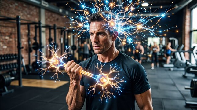 Man athlete lifting digital neuron as dumbbell in gym. Brain health and mental fitness concept. Cognitive development, focus and mind training visualization. Innovative neurology technology.