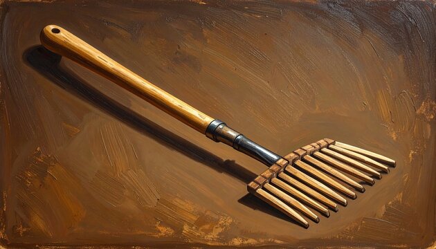 Vintage Wooden Garden Rake on Rustic Background.