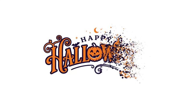 Happy Halloween text with pumpkin and spooky elements dissolving into particles on white background.