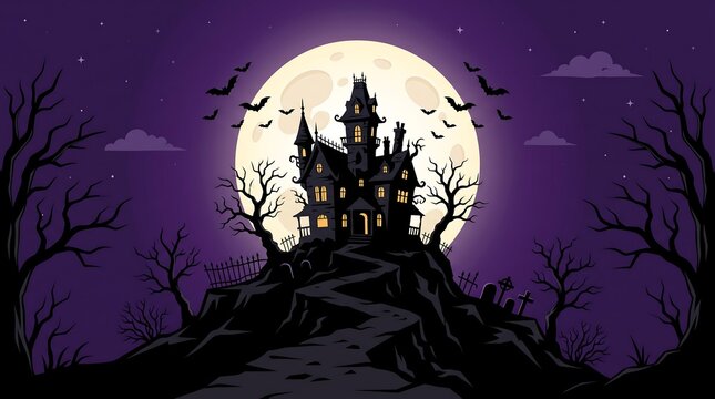 Spooky haunted house silhouette on a hill with a full moon for Halloween night background