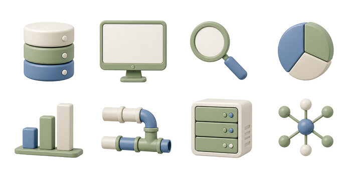 Business data icons, charts, computer, magnifying glass, report, pie chart, and smart speaker 3D set.
