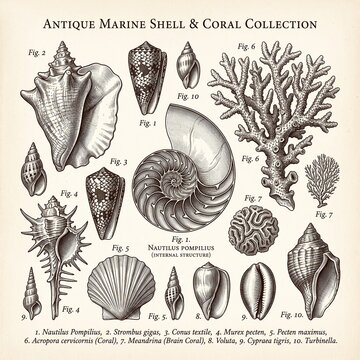 Vintage marine collection of seashells and coral illustration