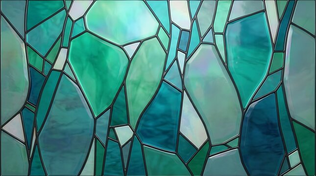 Stained glass window design with organic pebblelike shapes in soft teal and mint green hues, separated by dark lead lines
