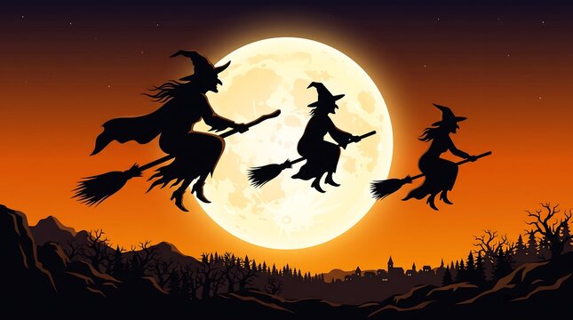 Silhouettes of three witches flying on broomsticks against a large full moon at night